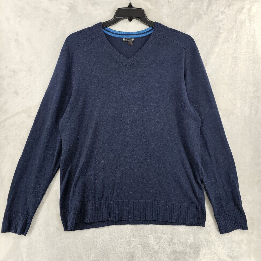 Smartwool V-Neck Sweater Mens L Navy Blue‎ Merino Wool Blend Ribbed Trim
